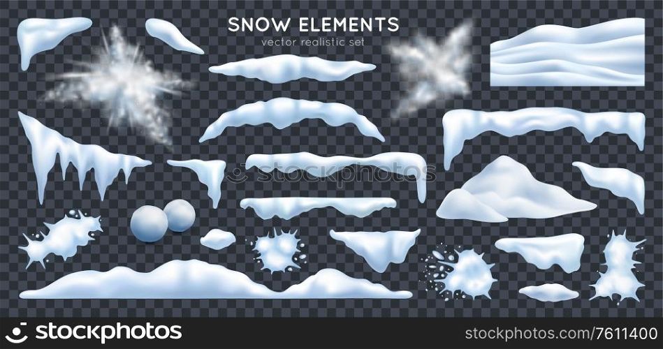 Snow capes piles icicles snowdrift mound bursting exploding snowballs splats realistic set dark transparent background vector illustration