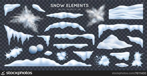 Snow capes piles icicles snowdrift mound bursting exploding snowballs splats realistic set dark transparent background vector illustration