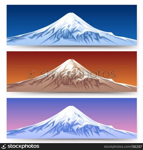 Snow capped mount fuji banners. Snow capped mount fuji banners. Japan mountain panoramic landscape set for tourism designs vector illustration