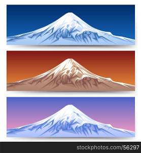 Snow capped mount fuji banners. Snow capped mount fuji banners. Japan mountain panoramic landscape set for tourism designs vector illustration