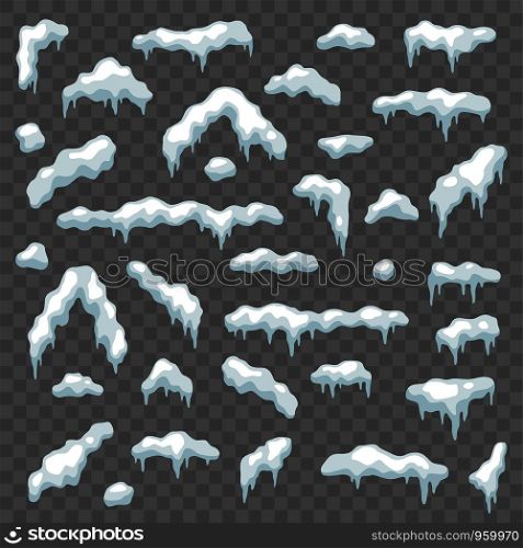 Snow caps. Winter snowy elements snowdrifts and snowflakes. Ice cap, snowballs christmas and new year decor vector cartoon snowing drift iced set. Snow caps. Winter snowy elements snowdrifts and snowflakes. Ice cap, snowballs christmas and new year decor vector cartoon set