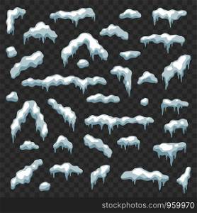 Snow caps. Winter snowy elements snowdrifts and snowflakes. Ice cap, snowballs christmas and new year decor vector cartoon snowing drift iced set. Snow caps. Winter snowy elements snowdrifts and snowflakes. Ice cap, snowballs christmas and new year decor vector cartoon set