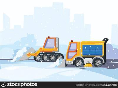 Snow cleaning city. Plowed snow blizzard urban services special vehicle on roads tracks with plow garish vector cartoon background. Removal snow in city, remove machine illustration. Snow cleaning city. Plowed snow blizzard urban services special vehicle on roads tracks with plow garish vector cartoon background