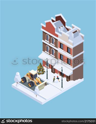Snow cleaning. Storm winter cold weather vehicle urban ice cleaner garish vector isometric concept illustration 3d low poly. Snowfall cleaning, snow remove storm. Snow cleaning. Storm winter cold weather vehicle urban ice cleaner garish vector isometric concept illustration 3d low poly