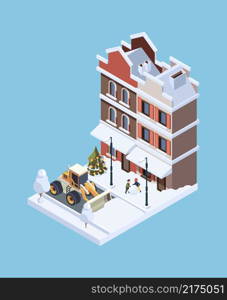 Snow cleaning. Storm winter cold weather vehicle urban ice cleaner garish vector isometric concept illustration 3d low poly. Snowfall cleaning, snow remove storm. Snow cleaning. Storm winter cold weather vehicle urban ice cleaner garish vector isometric concept illustration 3d low poly