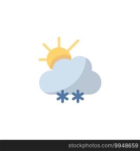 Snow, cloud and sun. Flat color icon. Isolated weather vector illustration