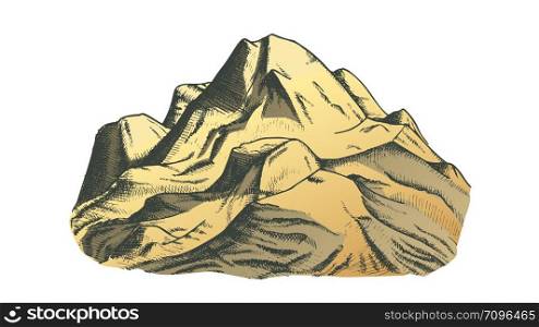 Snow Covering Mountain Landscape Hand Drawn Vector. Hill Crest Mountain Place For Extreme Sport Ski-alpinism, Expedition Concept. Pencil Designed Template Color Illustration. Color Snow Covering Mountain Landscape Hand Drawn Vector