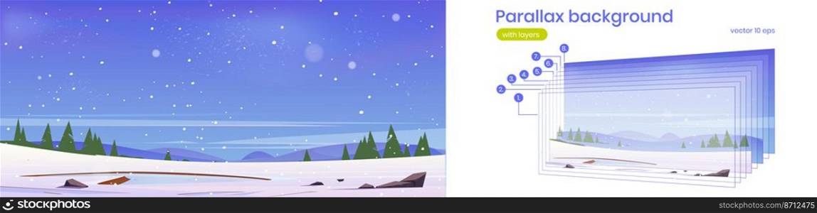 Snow field with frozen pond, conifers and hills on horizon. Vector parallax background for 2d animation with cartoon illustration of winter landscape with ice on lake and snowfall. Parallax background with winter snowy landscape