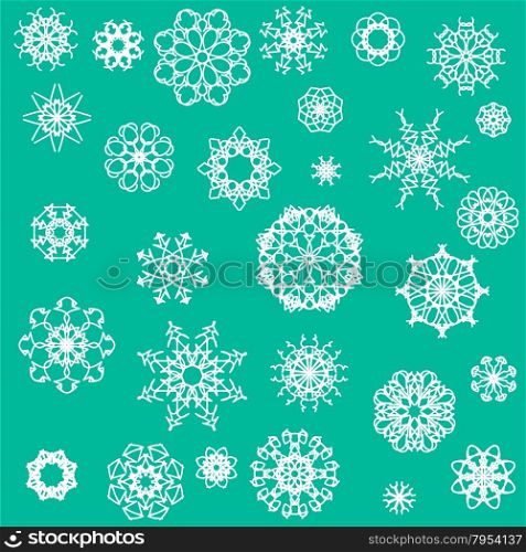 Snow Flakes Icons Isolated on Green Background. Snow Flakes