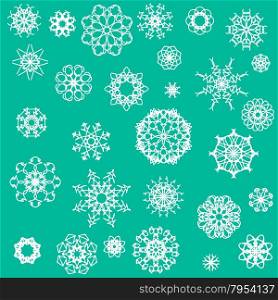 Snow Flakes Icons Isolated on Green Background. Snow Flakes