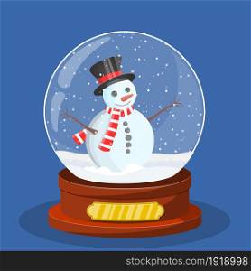 snow glass globe with Christmas snowman inside. Merry christmas holiday. New year and xmas celebration. Vector illustration in flat style. snow glass globe with Christmas snowman