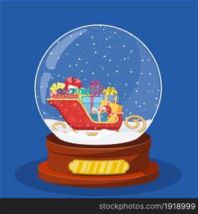 snow glass globe with coach or sleigh inside. Merry christmas holiday. New year and xmas celebration. Vector illustration in flat style. snow glass globe with coach or sleigh inside
