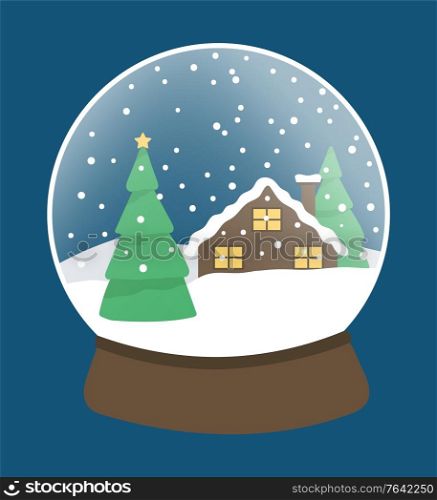 Snow globe made of glass and wood. Traditional Christmas toy with snowing landscape. Pine tree and house at night. Snowball for xmas celebration and greeting. Bauble decoration, vector in flat. Snow Globe with Pine Tree and House Landscape