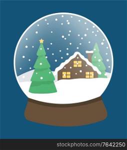 Snow globe made of glass and wood. Traditional Christmas toy with snowing landscape. Pine tree and house at night. Snowball for xmas celebration and greeting. Bauble decoration, vector in flat. Snow Globe with Pine Tree and House Landscape
