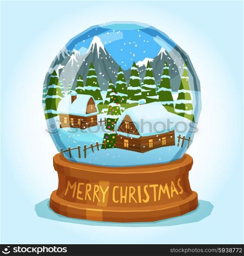 Snow Globe Merry Christmas Card. Winter landscape of village spruces and ice peak mountains inside merry christmas snow globe card vector illustration