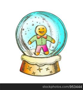 Snow Globe With Biscuit Man Souvenir Ink Vector. Snowy Winter And Cake In Human Form In Glass Snow Ball On Pedestal. Xmas Present Sphere Template Designed In Vintage Style Color Illustration. Snow Globe With Biscuit Man Souvenir Ink Color Vector