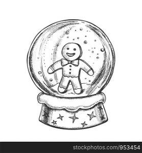 Snow Globe With Biscuit Man Souvenir Ink Vector. Snowy Winter And Cake In Human Form In Glass Snow Ball On Pedestal. Xmas Present Sphere Template Designed In Vintage Style Monochrome Illustration. Snow Globe With Biscuit Man Souvenir Ink Vector
