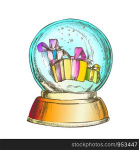 Snow Globe With Christmas Gifts Souvenir Vector. Snowy Winter And Xmas Holiday Presents In Glass Snow Ball On Blank Pedestal. Present Sphere Layout Hand Drawn In Vintage Style Color Illustration. Snow Globe With Christmas Gifts Souvenir Color Vector