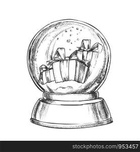 Snow Globe With Christmas Gifts Souvenir Vector. Snowy Winter And Xmas Holiday Presents In Glass Snow Ball On Blank Pedestal. Present Sphere Layout Hand Drawn In Vintage Style Monochrome Illustration. Snow Globe With Christmas Gifts Souvenir Vector