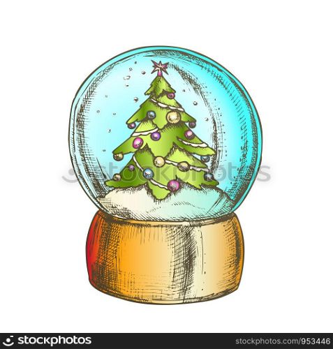 Snow Globe With Decorated Fir-tree Souvenir Vector. Snowy Winter And Pine Tree Adroned Xmas Toys In Glass Snow Ball On Stand. Sphere Mockup Hand Drawn In Retro Style Color Illustration. Snow Globe With Decorated Fir-tree Souvenir Color Vector