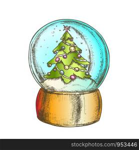 Snow Globe With Decorated Fir-tree Souvenir Vector. Snowy Winter And Pine Tree Adroned Xmas Toys In Glass Snow Ball On Stand. Sphere Mockup Hand Drawn In Retro Style Color Illustration. Snow Globe With Decorated Fir-tree Souvenir Color Vector