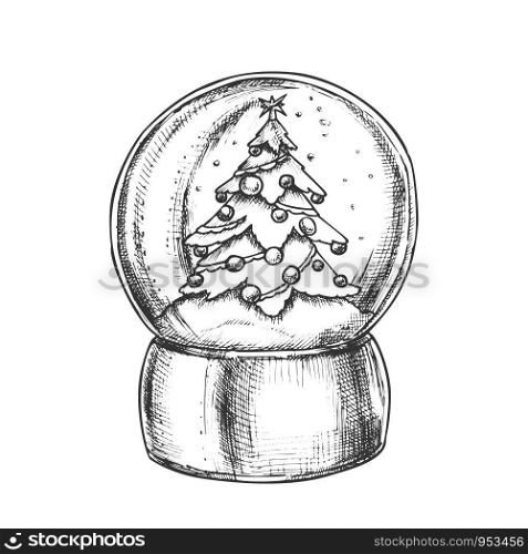 Snow Globe With Decorated Fir-tree Souvenir Vector. Snowy Winter And Pine Tree Adroned Xmas Toys In Glass Snow Ball On Stand. Sphere Mockup Hand Drawn In Retro Style Black And White Illustration. Snow Globe With Decorated Fir-tree Souvenir Vector
