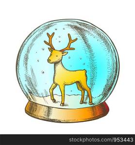 Snow Globe With Deer Souvenir Hand Drawn Vector. Snowy Winter And Wild Forest Animal In Glass Snow Ball On Pedestal. Xmas Present Sphere Template Designed In Vintage Style Color Illustration. Snow Globe With Deer Souvenir Hand Drawn Color Vector