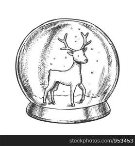 Snow Globe With Deer Souvenir Hand Drawn Vector. Snowy Winter And Wild Forest Animal In Glass Snow Ball On Pedestal. Xmas Present Sphere Template Designed In Vintage Style Monochrome Illustration. Snow Globe With Deer Souvenir Hand Drawn Vector
