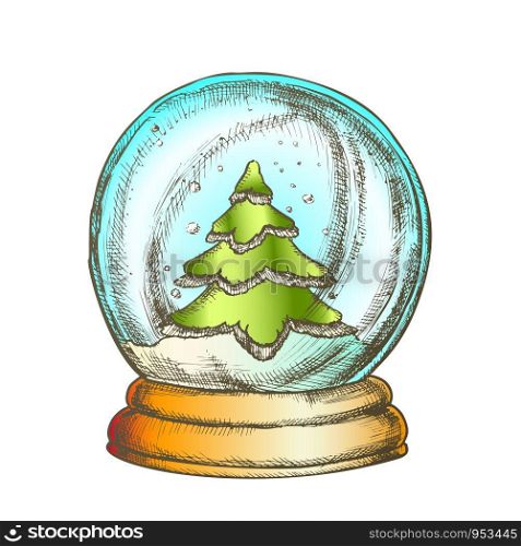 Snow Globe With Fir-tree Souvenir Vintage Vector. Snowy Winter And Pine Tree In Glass Snow Ball On Stand. Christmas Present Sphere Template Hand Drawn In Retro Style Color Illustration. Snow Globe With Fir-tree Souvenir Vintage Color Vector