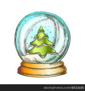 Snow Globe With Fir-tree Souvenir Vintage Vector. Snowy Winter And Pine Tree In Glass Snow Ball On Stand. Christmas Present Sphere Template Hand Drawn In Retro Style Color Illustration. Snow Globe With Fir-tree Souvenir Vintage Color Vector