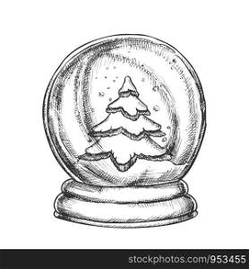 Snow Globe With Fir-tree Souvenir Vintage Vector. Snowy Winter And Pine Tree In Glass Snow Ball On Stand. Christmas Present Sphere Template Hand Drawn In Retro Style Monochrome Illustration. Snow Globe With Fir-tree Souvenir Vintage Vector