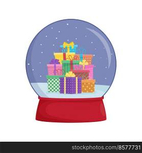 Snow globe with gifts. Winter wonderland scenes in a snow globe. Snow globe with gifts. Winter wonderland scenes in a snow globe.