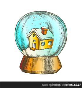 Snow Globe With House Souvenir Vintage Vector. Snowy Winter And Ancient Building In Glass Snow Ball On Pedestal. Seasonal Holiday Gift Sphere Template Designed In Retro Style Color Illustration. Snow Globe With House Souvenir Vintage Vector