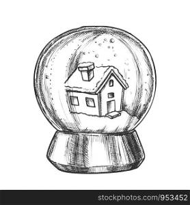 Snow Globe With House Souvenir Vintage Vector. Snowy Winter And Ancient Building In Glass Snow Ball On Pedestal. Seasonal Holiday Gift Sphere Template Designed In Retro Style Monochrome Illustration. Snow Globe With House Souvenir Vintage Vector