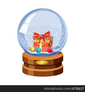 Snow globe with shiny snow and gift box with Christmas ball,. Snow globe with shiny snow and gift box with Christmas ball, golden badge on brown wooden base. Vector Christmas design element. Cartoon style, vector, isolated