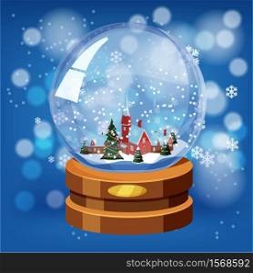 Snow globe with shiny snow and winter landscape, golden badge on brown wooden base. Snow globe with shiny snow and winter landscape, golden badge on brown wooden base. Vector Christmas design element. Cartoon style, vector, isolated