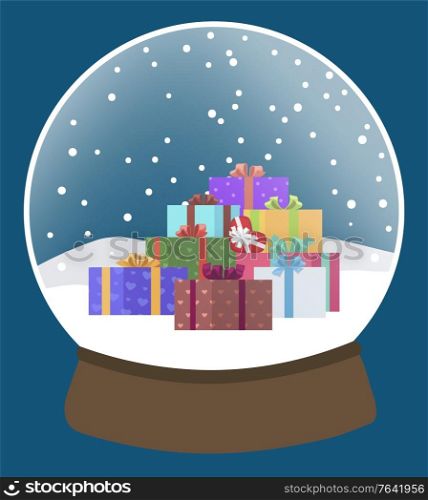 Snow globe with snowflakes and winter landscape. Xmas decoration and tradition gift on winter holidays. Snowfall in glass sphere with presents inside. Christmas and new year celebration vector. Snow Globe with Presents, Glass Ball Xmas Toy