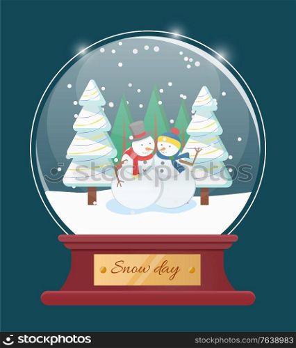 Snow globe with snowflakes inside. Two happy snowmen together in snowy forest. Alive unreal characters from snowballs and dressed in hat and scarf. Traditional holiday decor, vector illustration. Snowmen Outside Dressed in Hat and Scarf, Holiday