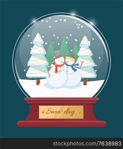 Snow globe with snowflakes inside. Two happy snowmen together in snowy forest. Alive unreal characters from snowballs and dressed in hat and scarf. Traditional holiday decor, vector illustration. Snowmen Outside Dressed in Hat and Scarf, Holiday