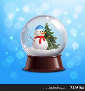 Snow globe with snowman. Snow globe on blue background with snowman and christmas tree inside vector illustration