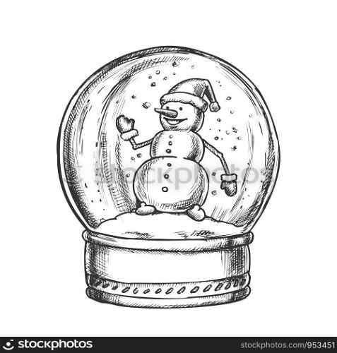 Snow Globe With Snowman Souvenir Vintage Vector. Winter In Crystal Glass Snow Ball On Pedestal. Season Holiday Present Decorative Sphere Template Designed In Retro Style Monochrome Illustration. Snow Globe With Snowman Souvenir Vintage Vector