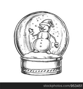 Snow Globe With Snowman Souvenir Vintage Vector. Winter In Crystal Glass Snow Ball On Pedestal. Season Holiday Present Decorative Sphere Template Designed In Retro Style Monochrome Illustration. Snow Globe With Snowman Souvenir Vintage Vector