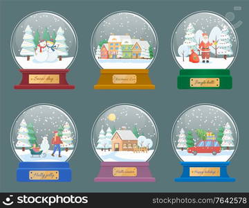 Snow globes set, isolated toys made of glass sphere and wooden pedestal. Snowing landscape with characters inside. Bauble with santa claus and family, car with pine and house in town flat style vector. Snow Globes with Christmas Themed Toys Vector