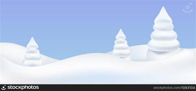 Snow landscape with beautiful fir trees isolated on pastel blue background. Snow drift, mountain, Vector illustration.