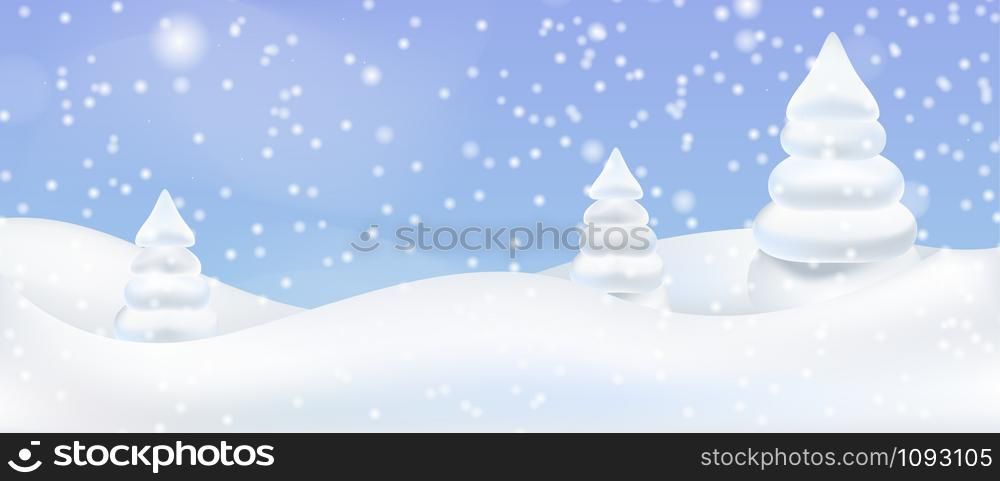 Snow landscape with beautiful fir trees isolated on pastel blue background. Snow drift, mountain, Vector illustration.