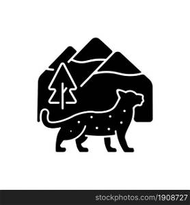 Snow leopard black glyph icon. Wild animal living in Nepal. Predator of Himalayan ecosystem. Endangered species. High alpine areas. Silhouette symbol on white space. Vector isolated illustration. Snow leopard black glyph icon