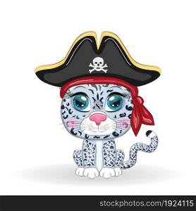 Snow leopard pirate, cartoon character of the game, wild cat in a bandana and a cocked hat with a skull, with an eye patch. Character with bright eyes Isolated on white. Snow leopard pirate, cartoon character of the game, wild cat in a bandana and a cocked hat with a skull, with an eye patch. Character with bright eyes