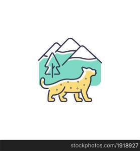 Snow leopard RGB color icon. Wild animal living in Nepal mountain. Predator of Himalayan ecosystem. Endangered species. High alpine areas. Isolated vector illustration. Simple filled line drawing. Snow leopard RGB color icon