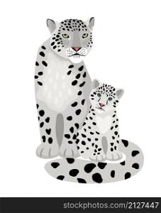 Snow leopards. Cartoon wild mammals with spots, exotic beasts of wildlife, vector illustration of aggressive cats isolated on white background. Snow leopards isolated on white