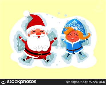 Snow Maiden and Santa Claus making angel on snow icon isolated on white background. Vector illustration with Christmas characters having fun in deep snow. Snow Maiden and Santa Claus Making Angel on Snow